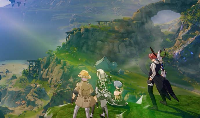 Four characters look down over a clifftop to sun-dappled world