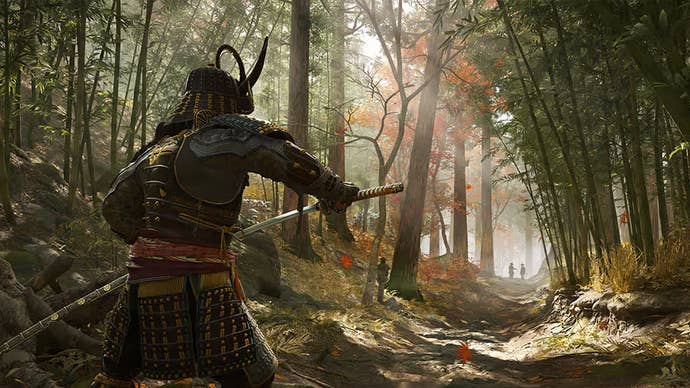 Assassin’s Creed Shadows' samurai Yasuke draws his sword in a wooded scene.