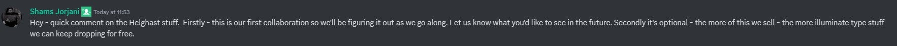 Helldivers 2 studio Arrowhead's CEO Shams Jorjani's post about Killzone crossover pricing backlash on Discord. - 3