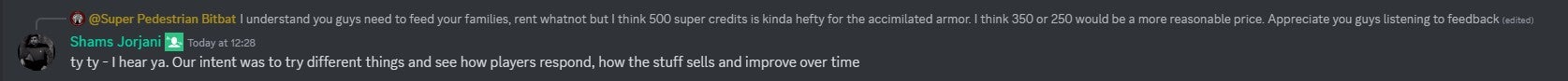 Helldivers 2 studio Arrowhead's CEO Shams Jorjani's reply about Killzone crossover pricing backlash on Discord. - 4