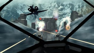 A sleek Star Fox-like fighter jet soars above a stunning mountain range, showcasing its power against a backdrop of rugged peaks.