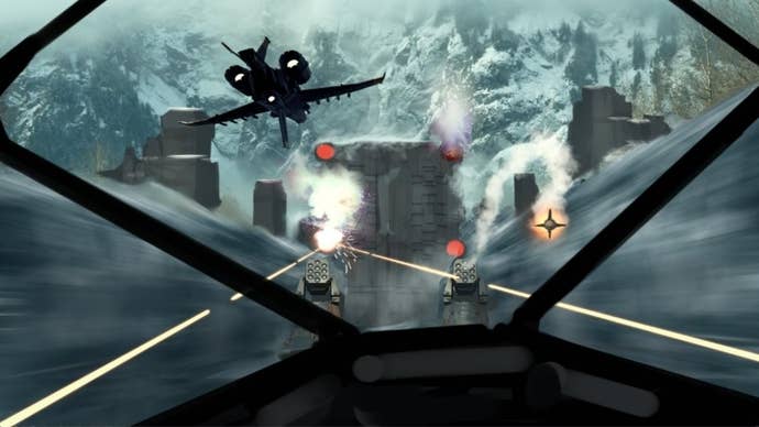 A sleek Star Fox-like fighter jet soars above a stunning mountain range, showcasing its power against a backdrop of rugged peaks.