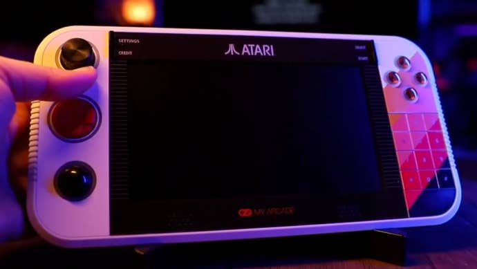 Atari Gamestation Go featuring a d-pad, stick, Trak-Ball, paddle, and keypad