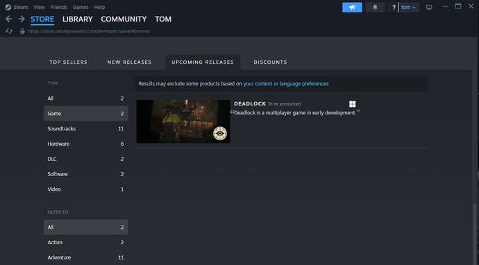 A screenshot of Valve’s upcoming games list on Steam.