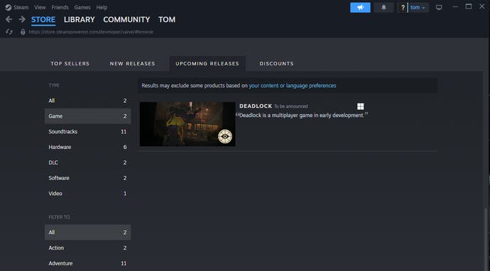 A screenshot of the list of upcoming Valve games on Steam.