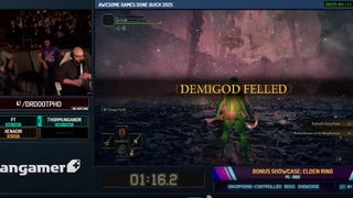 A Twitch screen; on the right is a fallen Elden Ring boss with the legend "Demigod Felled"; on the left is a man sat in a gaming chair, playing an electric saxophone