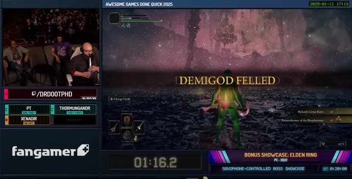 A Twitch screen; on the right is a fallen Elden Ring boss with the legend “Demigod Felled”; on the left is a man sat in a gaming chair, playing an electric saxophone