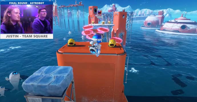 Astro zips across a hazardous gap as enemies and evil playing cards launch his way.