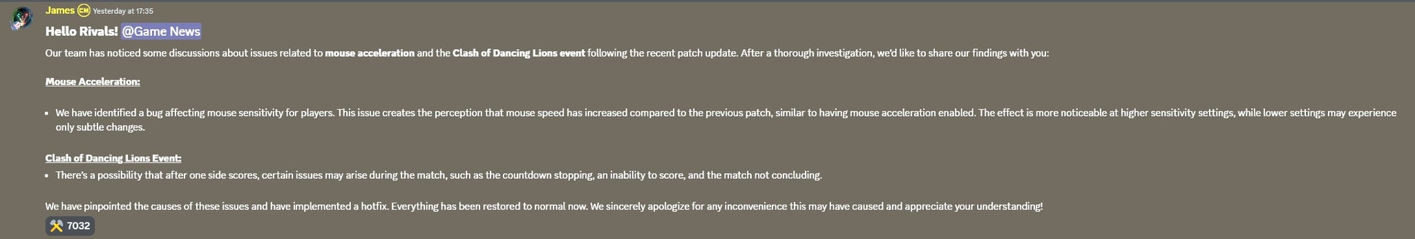 James' post about the Spring Festival event hotfix on Marvel Rivals' Discord server. - 3