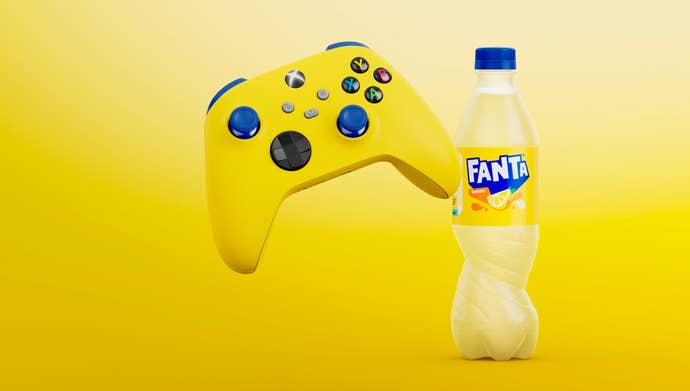 A bright yellow Xbox wireless controller next to a lemon Fanta, on an equally very-yellow background