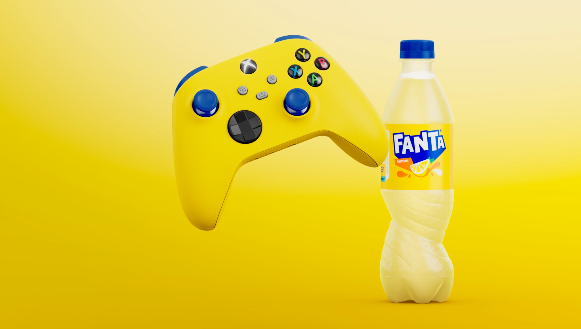 A bright yellow Xbox wireless controller next to a lemon Fanta, on an equally very-yellow background