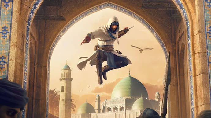 Assassin’s Creed Mirage artwork showing hero Basim leaping down, arm raised.