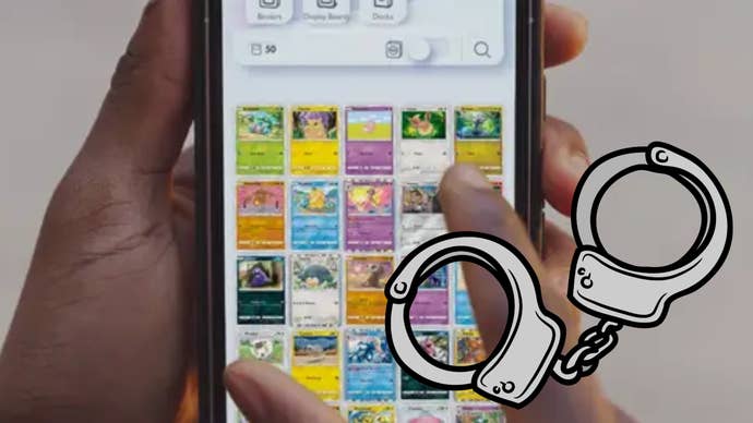 Two hands hold onto a phone playing Pokemon RCG Pocket. Handcuffs are superimposed over the top.