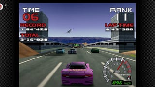 A purple racing car in the middle of a race. Three cars are leading as a light aircraft dips down on the horizon. There is a speedometer and other UI information around the peripherally of the screen.