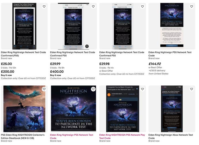 A screenshot of several eBay auctions listing Elden Ring Nightreign codes