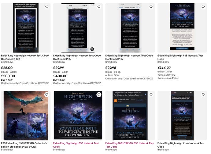 A screenshot of several eBay auctions that lists the Elden Ring Nighttreign codes
