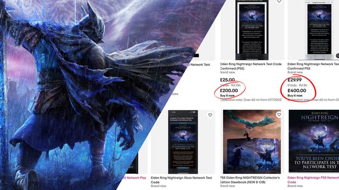 A screenshot of several eBay auctions listing Elden Ring Nightreign codes. Neightreign cover art is superimposed over the top