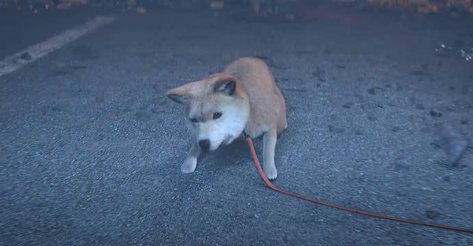 A screenshot from Project G.G.’s teaser trailer showing an adorable little pup cowering on a street.