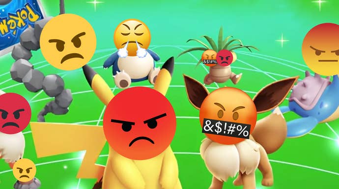 A selection of Pokémon TCG Pocket’s adorable collectibles, albeit with faces replaced by upset emojis