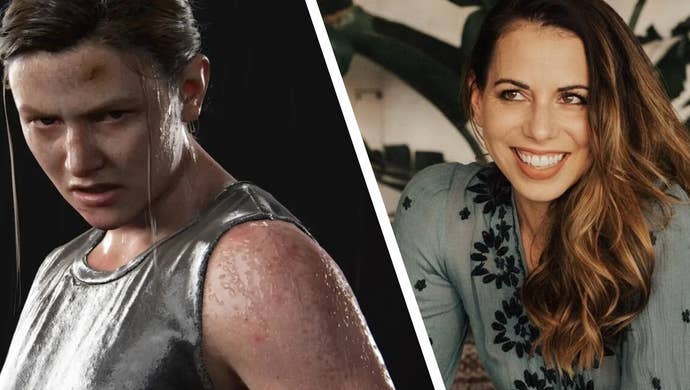 A side by side image of Abby Anderson in The Last of Us Part 2 and her actor Laura Bailey