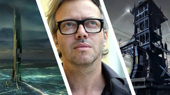 A portrait shot of Viktor Antonov surrounded by concept art for Half-Life 2 and Dishonored