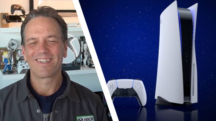 Xbox’s CEO of Gaming next to a PS5 console and controller