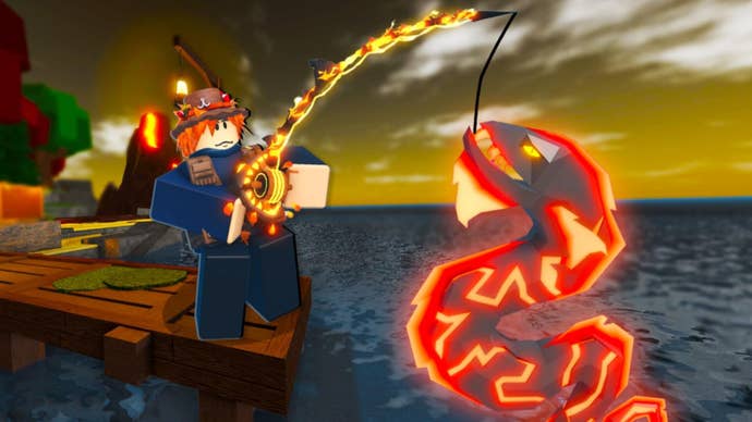 A player fishes up a Blistered Eel in key artwork for Roblox Fisch’s volcano event