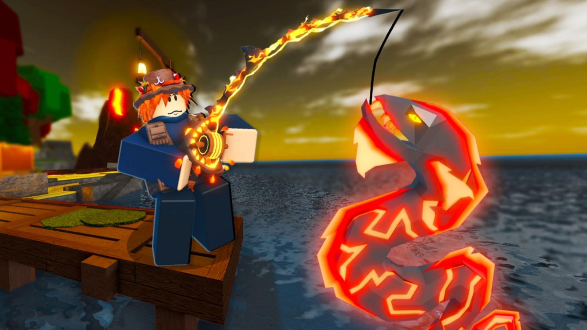 A player fishes up a Blistered Eel in key artwork for Roblox Fisch's volcano event - 1