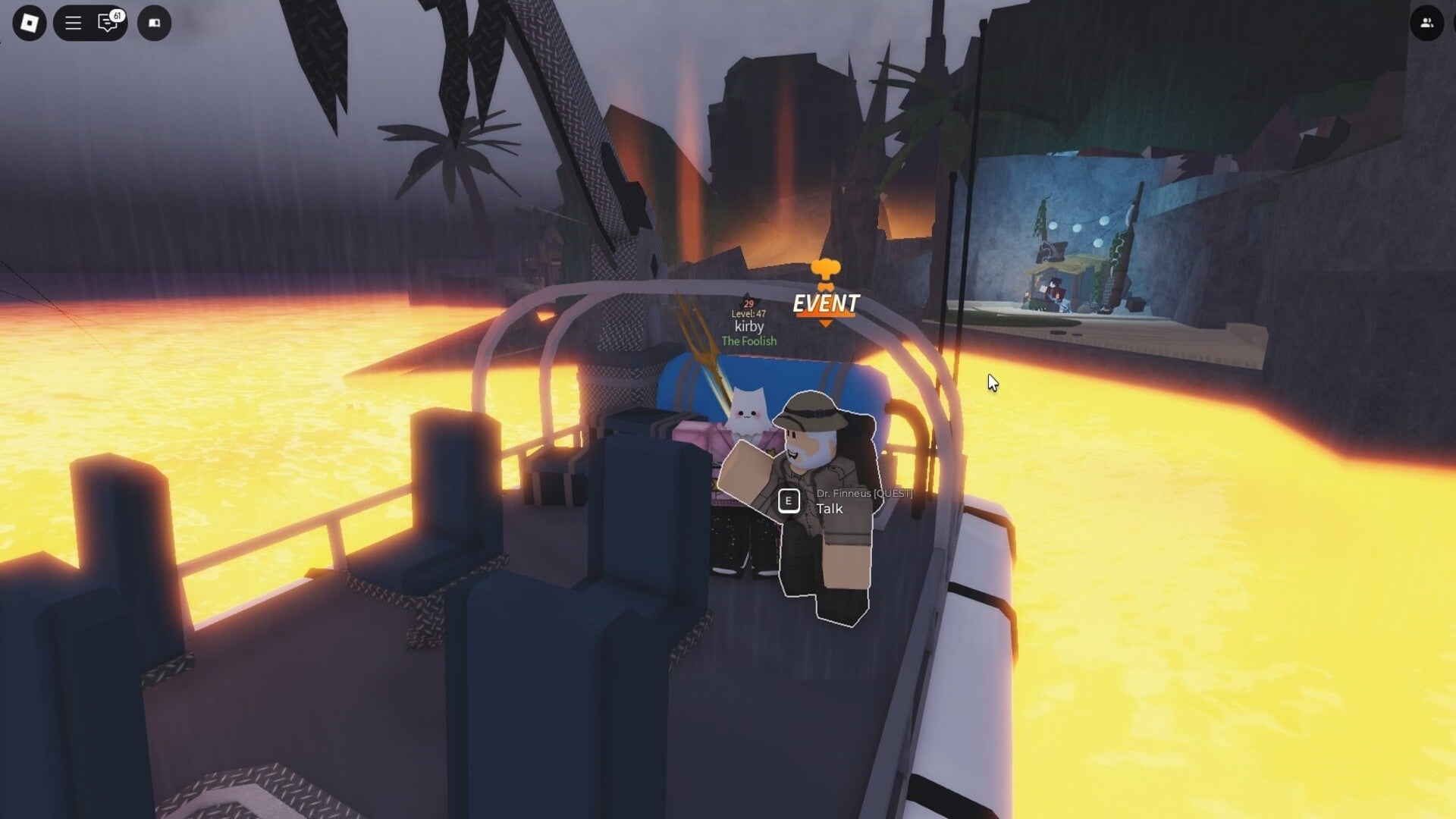 The player character stands beside Dr Finneus on his research boat in Roslit Bay during the volcano event in Roblox's Fisch - 3
