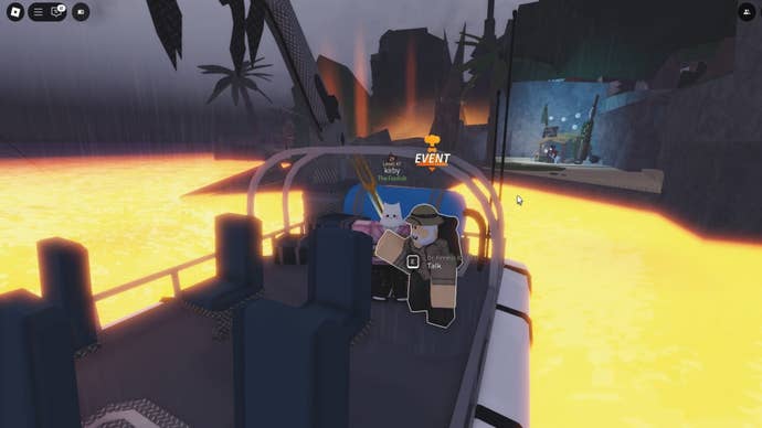 The player character stands beside Dr Finneus on his research boat in Roslit Bay during the volcano event in Roblox’s Fisch