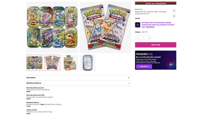Pokemon TCG do jogo: Scarlet & amp; Violet Prismatic Evolutions Mini Tin Product Page hoje, com as opções regulares de entrega da cadeia agora disponíveis.