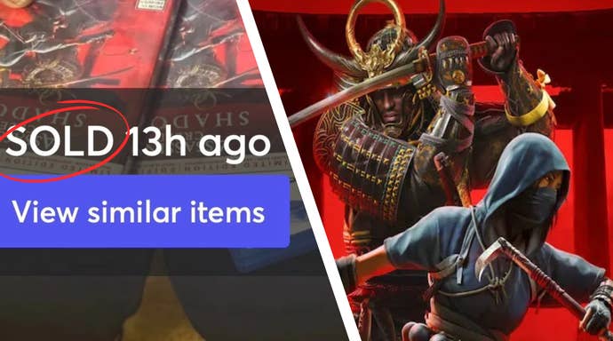 Promotional art for Assassin’s Creed Shadows and a photo suggesting early copies have been cold for $100