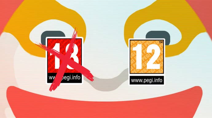 The Balatro Joker with a 18 PEGI rating crossed out and replaced with PEGI 12