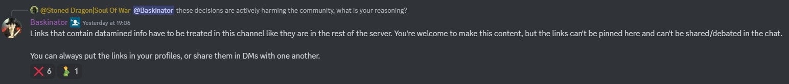 A comment from Baskinator on the sharing of datamined content in the armoury channel of Helldivers 2's Discord server. - 3