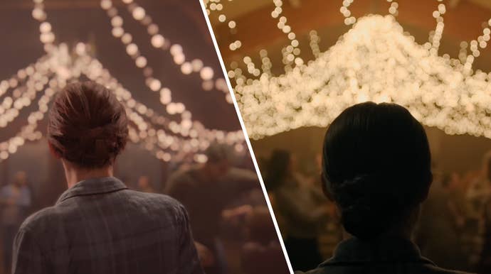 A side by side comparison of the barn dance in The Last of Us Part 2 game and the HBO series. The game is on the left, and the show on the right. Both are shots from behind Ellie showing the back of her head against thousands of warm glowing fairy lights