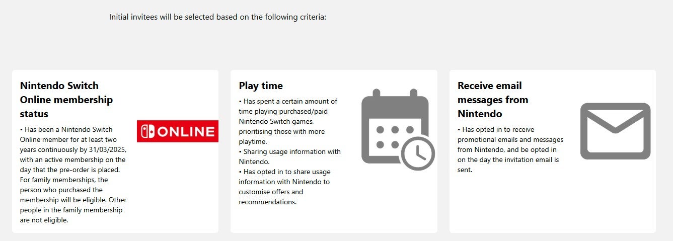 The criteria for initial Nintendo Switch 2 pre-orders. - 3