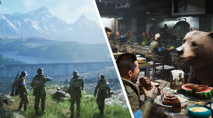 Key art from DMZ: Nuclear Survival that shows four WW2-era soldiers looking out across a sun-dappled valley against snow-capped mountains. And a bear drinking a beer with his pal, beer foam on his nose.