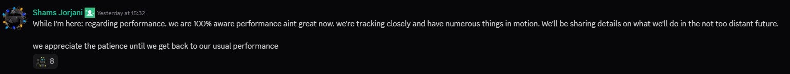 A message from Shams Jorjani on the Helldivers 2 Discord server. - 3