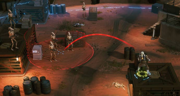 An ally targets a group of enemies, the impact of the attack outlined in red