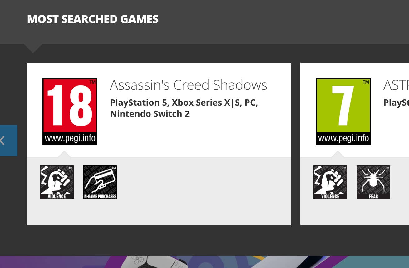 A screenshot from the PEGI website that reads: Assassin's Creed Shadows: PS5, Xbox Series X/S, PC, Nintendo Switch 2
