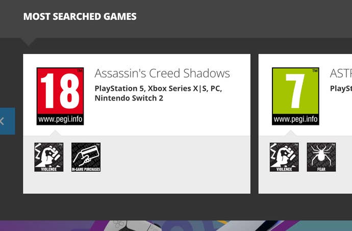 A screenshot from the PEGI website that reads: Assassin’s Creed Shadows: PS5, Xbox Series X/S, PC, Nintendo Switch 2