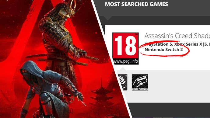 Key art showing Assassin’s Creed Shadows' protagonists sits on the left, whilst on the right is a screenshot from the PEGI website, with “Nintendo Switch 2” circled in red.