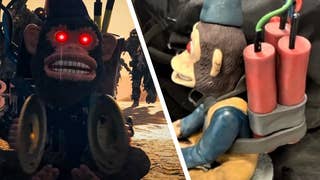 A menacing Monkey Bomb's eyes glow red on the left next to the "replica explosive device" on the right