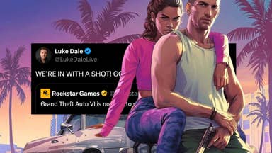 GTA 6's protagonists on the hood of a car, imposed on top of a partially obscured screenshot of a tweet from Luke Dale that says "We're in with a shot! GOTY!"