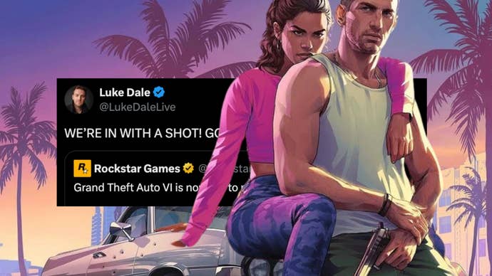 GTA 6’s protagonists on the hood of a car, imposed on top of a partially obscured screenshot of a tweet from Luke Dale that says “We’re in with a shot! GOTY!"