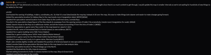 DuPz0r's post-trailer two update in the GTA 6 community mapping Discord server.