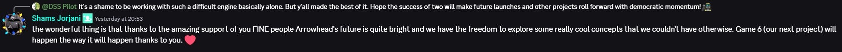 Shams Jorjani talking about Arrowhead's future plans on the Helldivers 2 Discord server. - 3