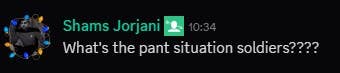 Shams Jorjani asking what the Helldivers 2 community's pant situation is like.