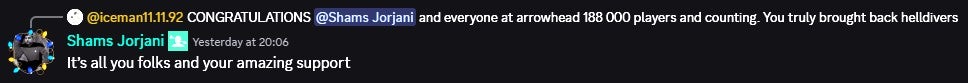 A comment from Shams Jorjani on Helldivers 2's Discord server. - 3