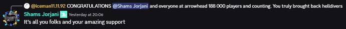 A comment from Shams Jorjani on Helldivers 2's Discord server.